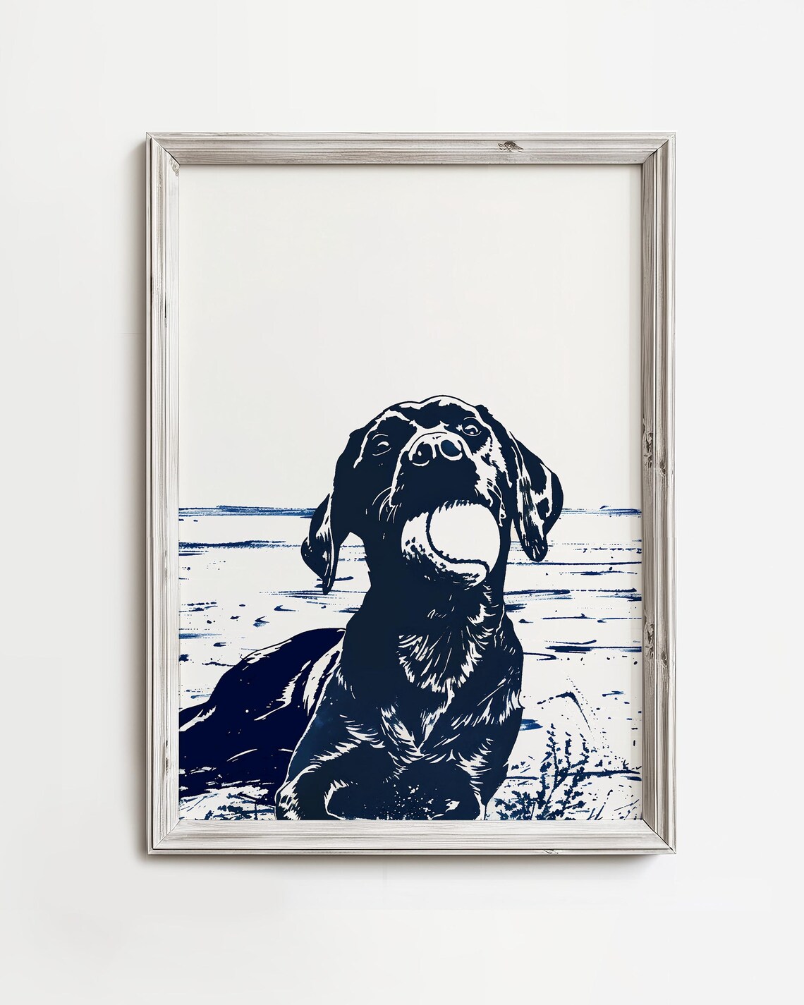 Labrador Tennis Ball Beach Navy Linocut Coastal Dog Art Poster