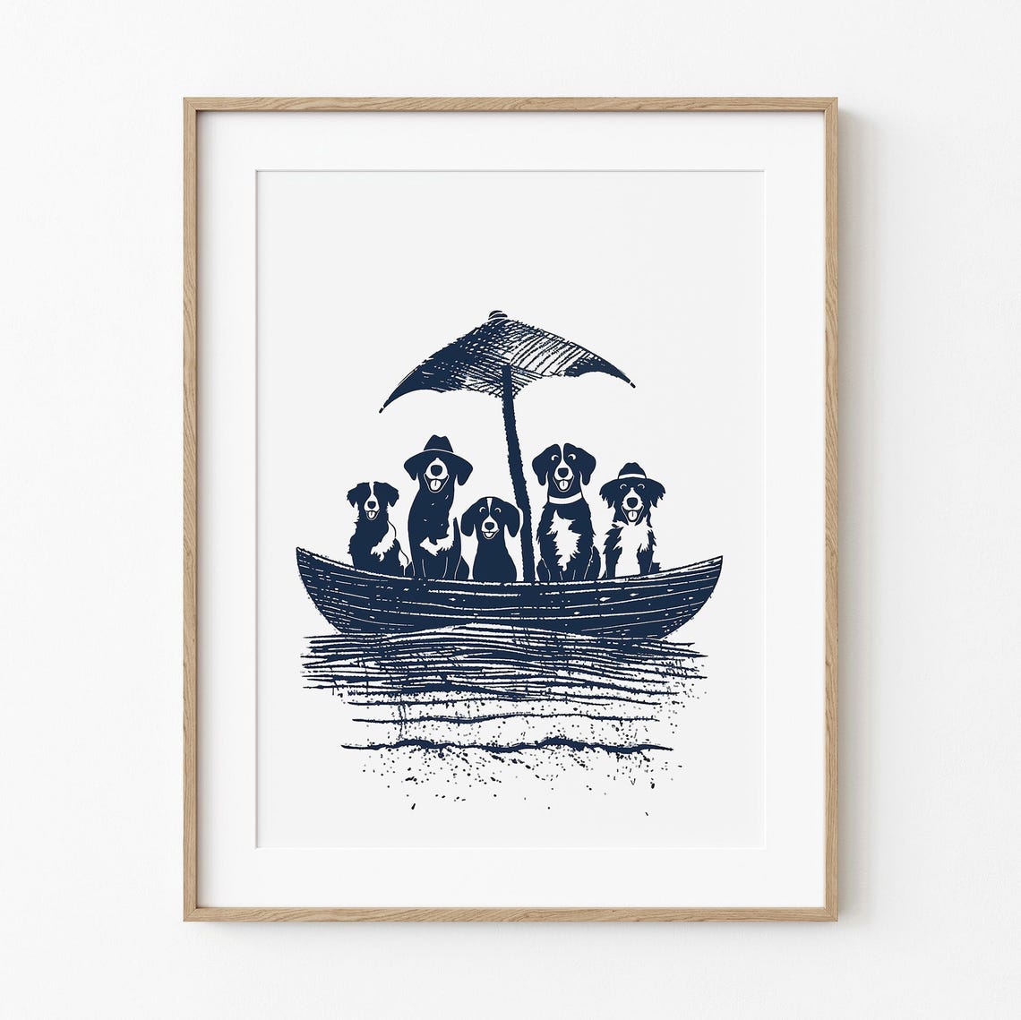Five Dogs in a Boat Beach Umbrella Funny Navy Sketch Coastal Wall Art