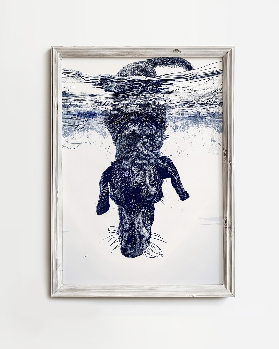 Dog Diving Underwater Navy Line Art Swimming Pool Canine Poster