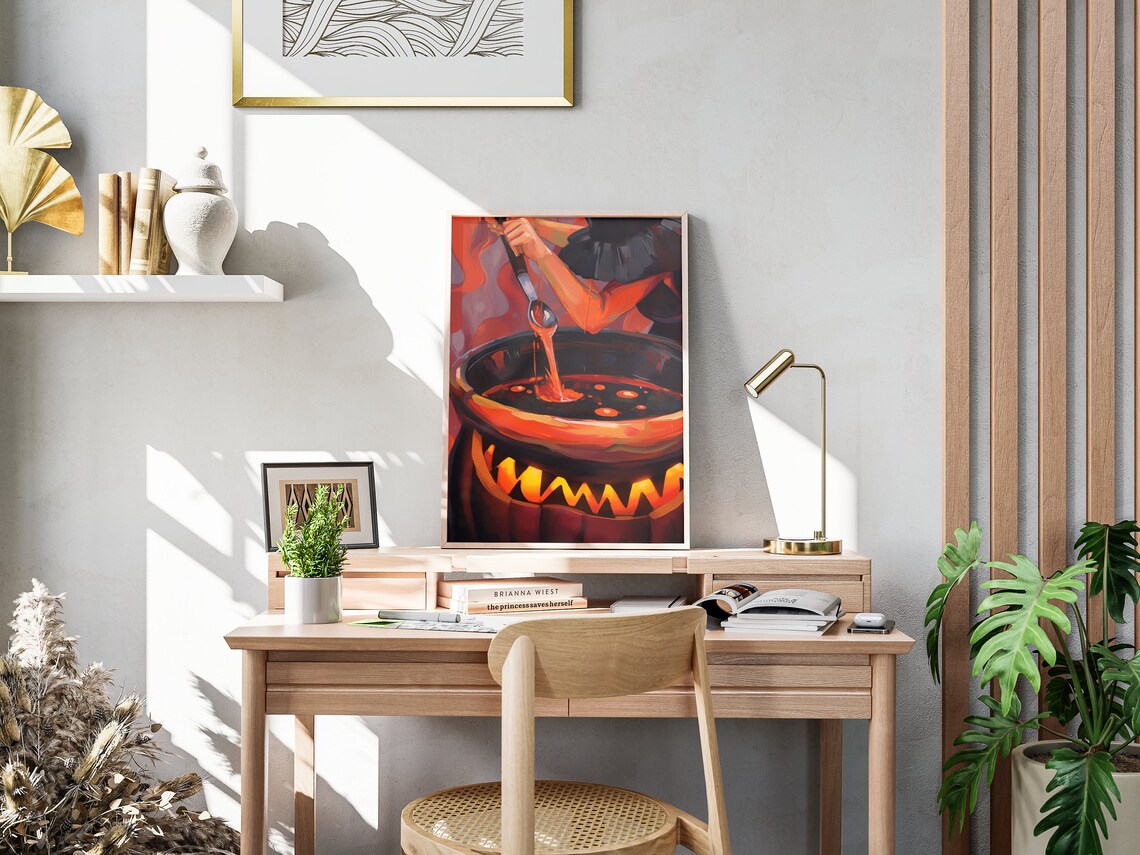 Witch Stirring Bubbling Jack O Lantern Cauldron Spooky Halloween Art Poster - Image 4