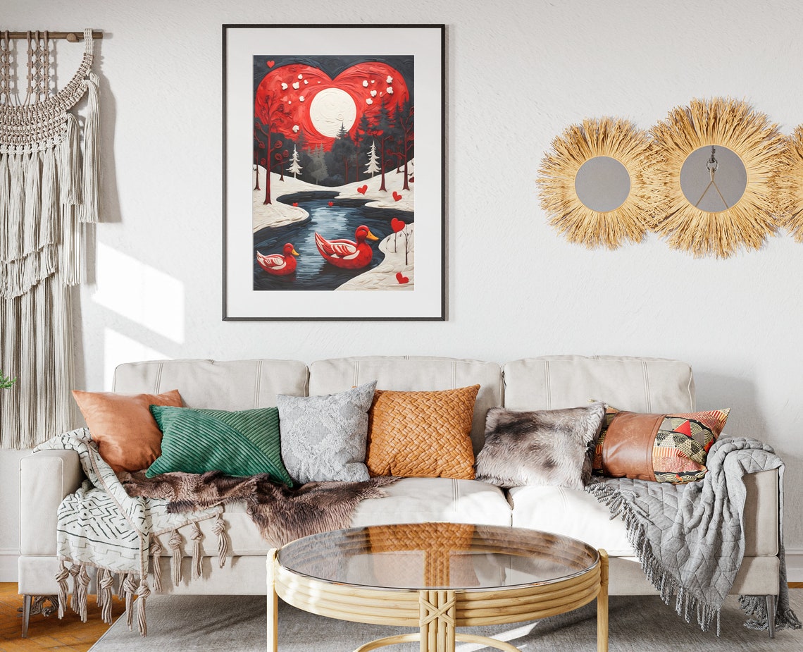 Valentines Red Ducks Lake Giant Heart Sky Moonlight Folk Art Poster - Image 2