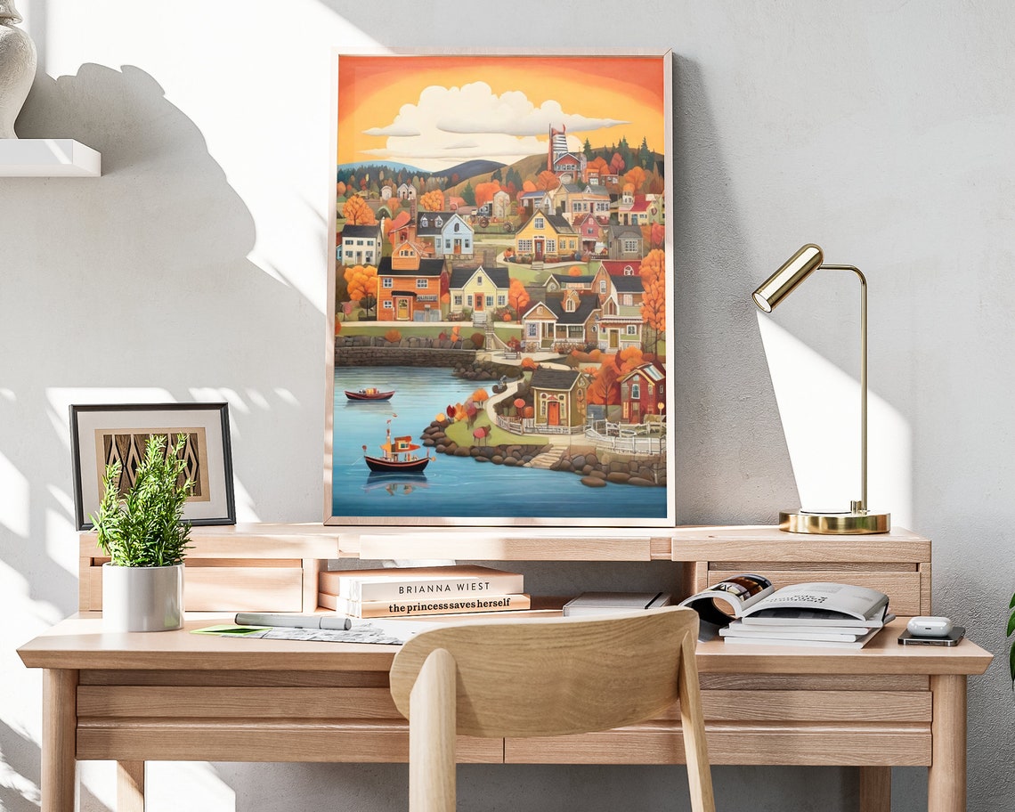 Sunset Harbor Town Fishing Boats Autumn Coast Golden Sky Art Poster - Image 4