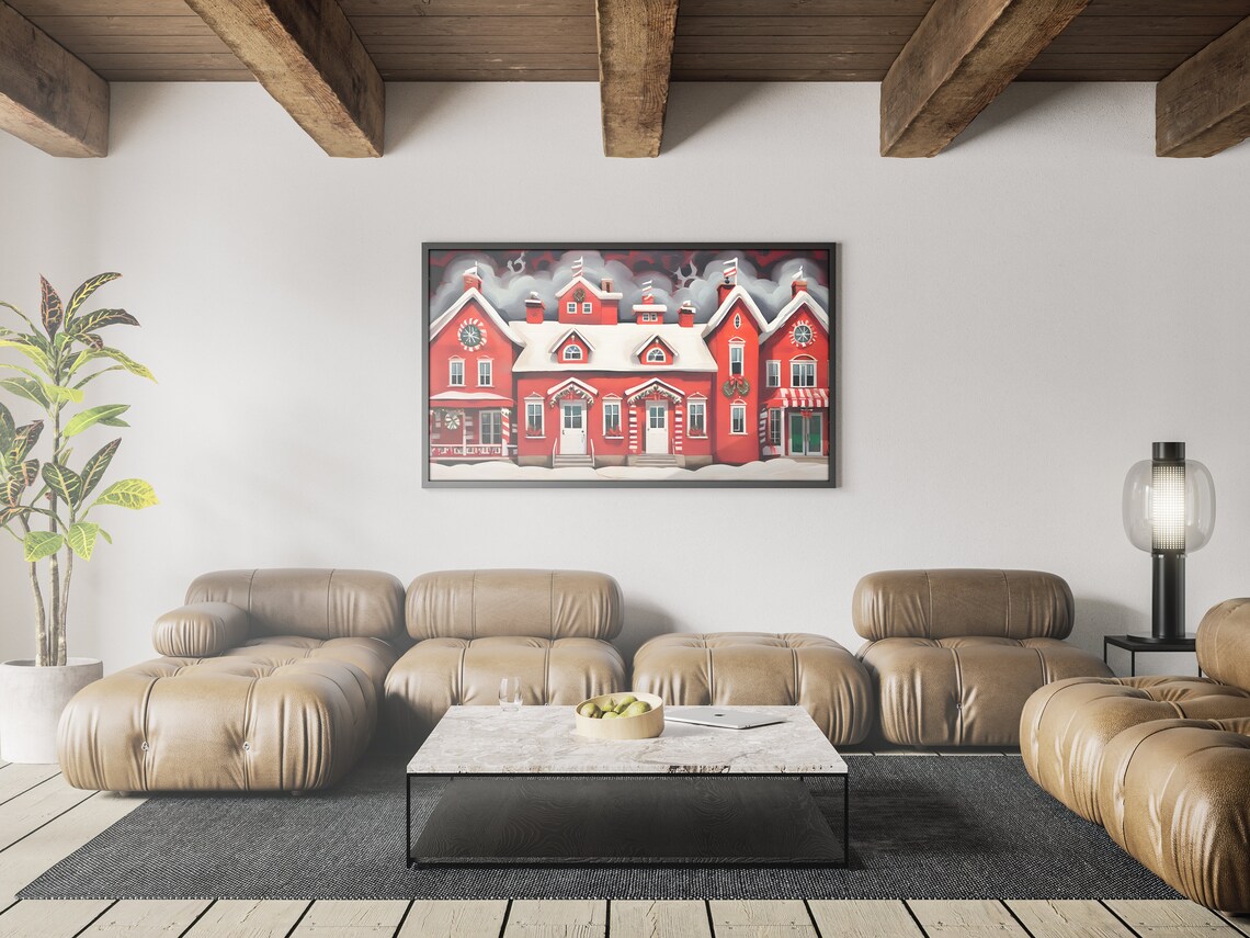 Folk Art Red Christmas House Snowy Roof Wreaths Holiday Poster - Image 3