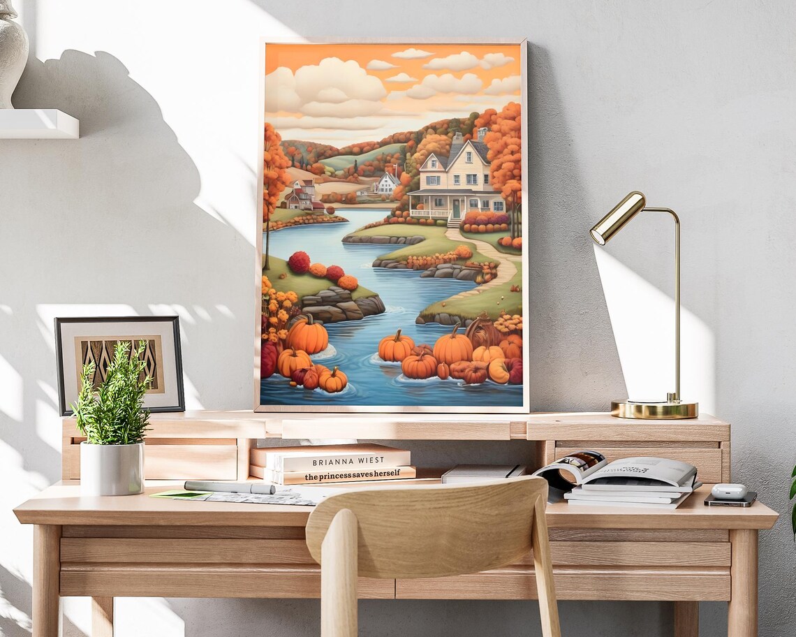 Fall Lake Folk Art Print Autumn Pumpkins Riverside Town Golden Harvest Landscape - Image 4