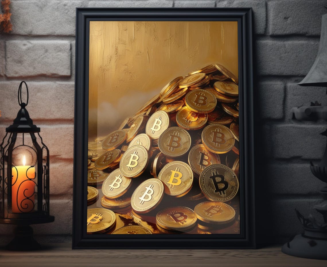 Golden Bitcoin Coin Pile Treasure Stack Crypto Wealth Wall Art Poster