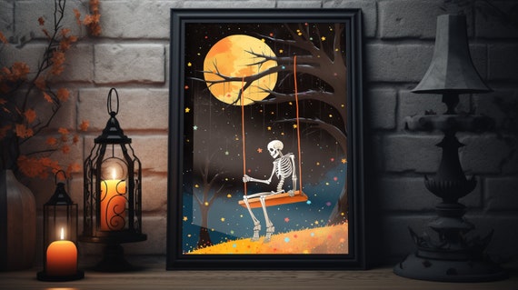 Skeleton On Swing Halloween Poster Vintage Halloween Wall Art Cute Fall Art Prints Spooky Halloween Decor