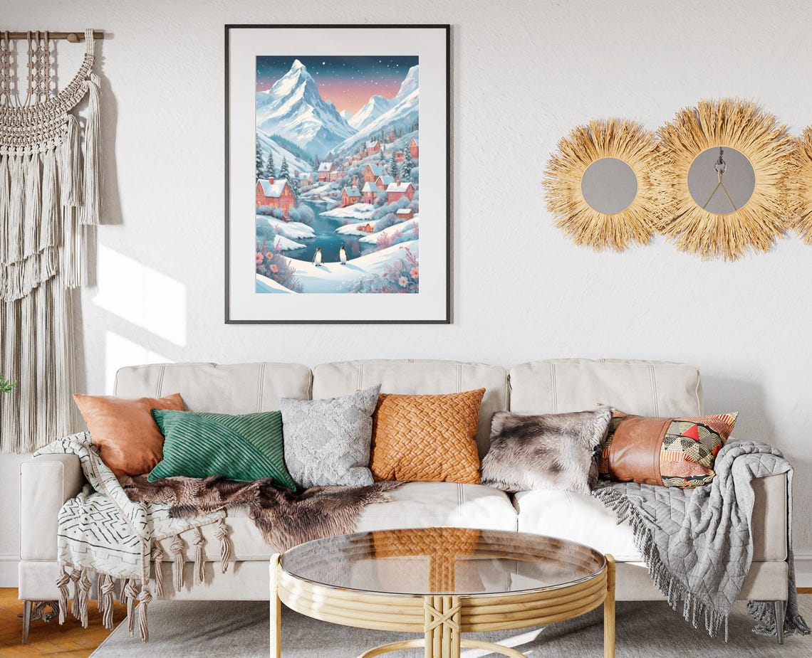 Pastel Winter Village With Penguins Snowy Mountain Art Poster - Image 2