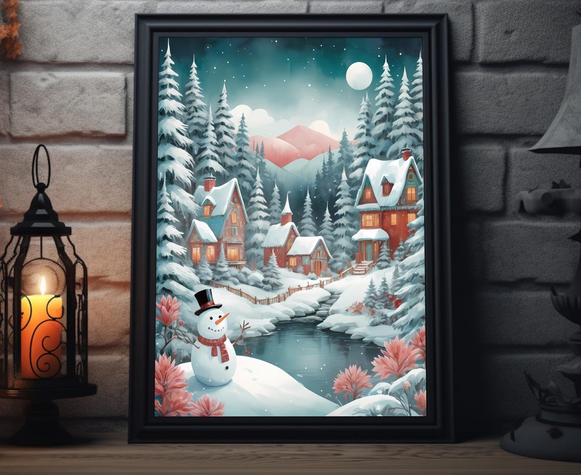 Snowy Mountain Village Snowman Moonlight Pine Forest Art Poster