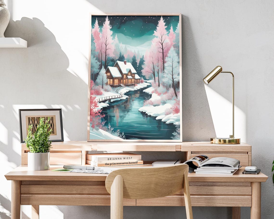Snowy Cabin By Pink River Trees Winter Night Forest Art Poster - Image 4