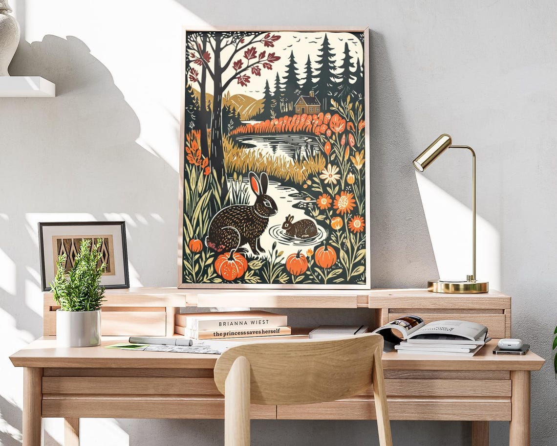 Two Rabbits By Forest Stream Among Pumpkins Woodland Autumn Art Poster - Image 4