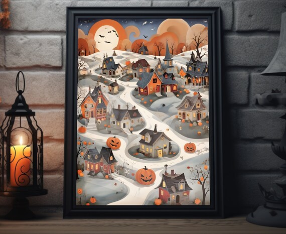 Haunted Halloween Town Panorama Orange Sunset Jack O Lantern Poster