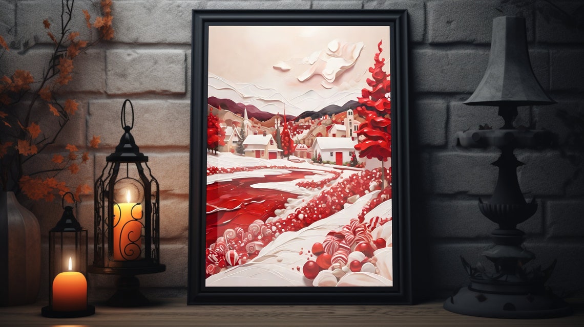 Candy Cane Christmas Village With Striped Trees And Red Stream Poster
