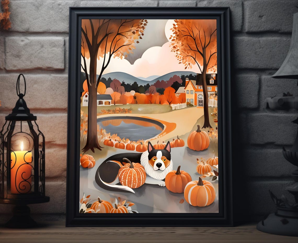 Curled Dog Harvest Pumpkins Pond Autumn Village Folk Art Poster