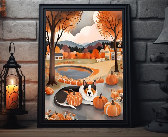 Curled Dog Harvest Pumpkins Pond Autumn Village Folk Art Poster