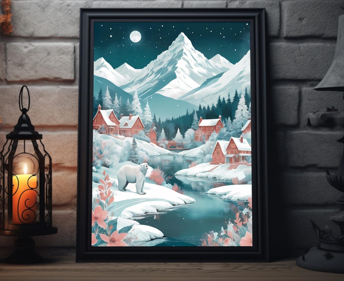 Polar Bear In Snowy Mountain Valley Night Moonlight Art Poster