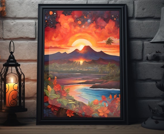 Hawaii Starry Sunset Matte Wall Art Hawaiian Beach Artwork Coastal Island Print Hawaii Painting Hawaiian Decor Hawaii Folk Art Poster