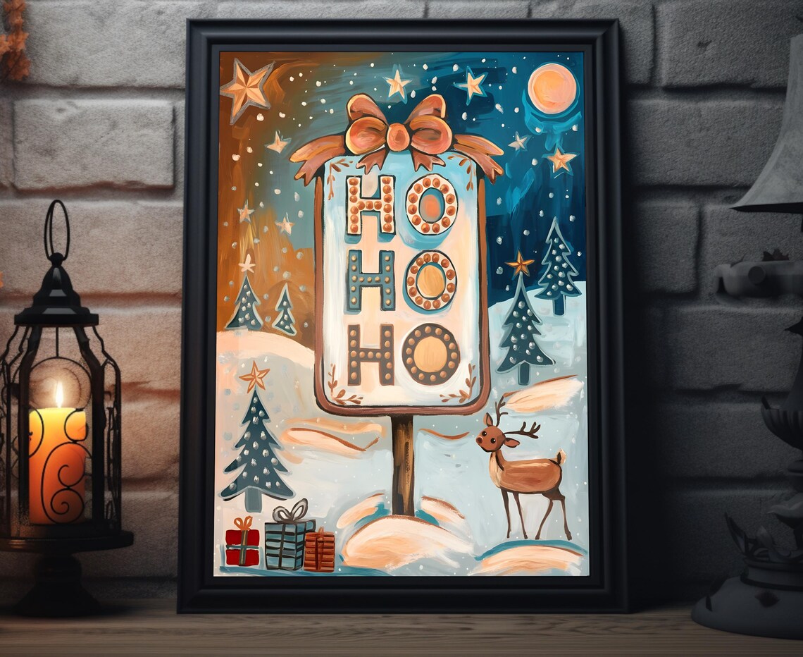 Ho Ho Ho Christmas Sign Reindeer Snowy Night Painterly Art Poster