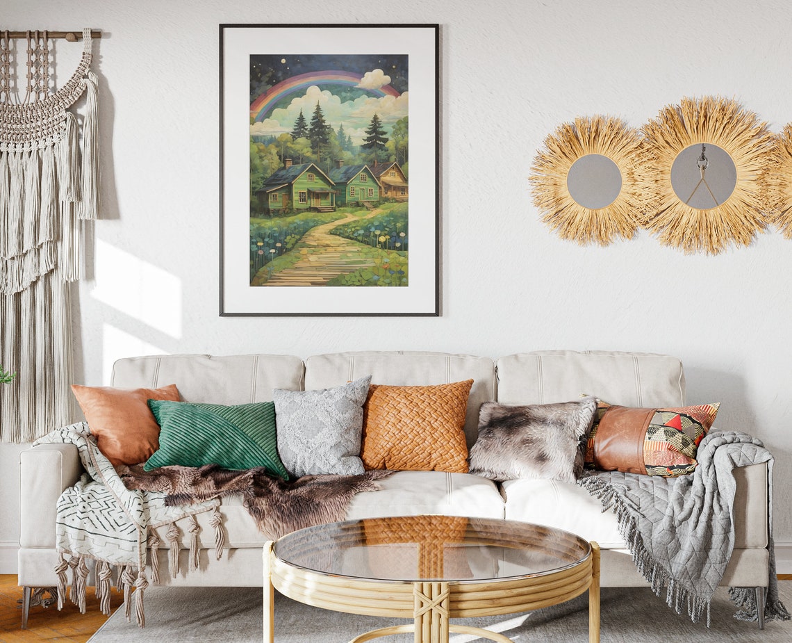 Rainbow Pine Forest Cabins Stone Path Whimsical Folk Art Poster - Image 2
