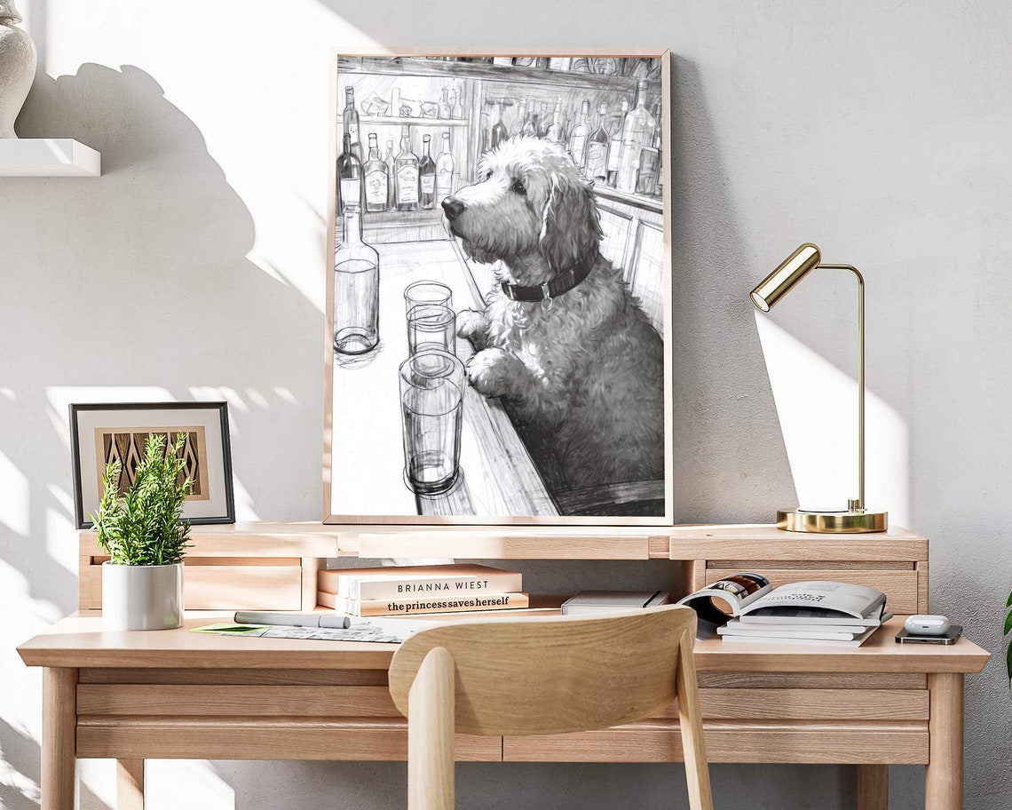 Doodle Dog Leaning On Bar Empty Glasses Vintage Sketch Poster - Image 4