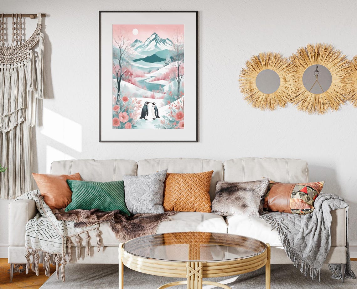 Penguin Pair Snowy Pink Mountain Winter Wonderland Art Poster - Image 2