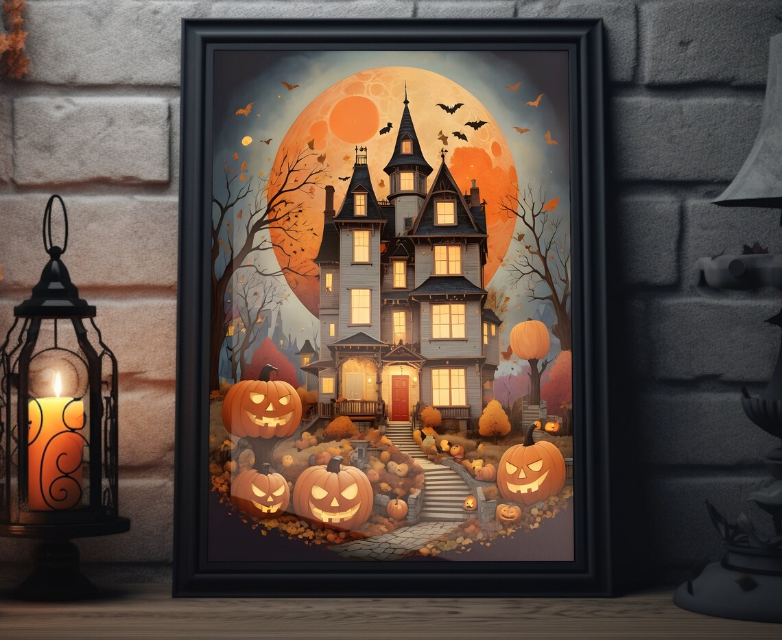 Halloween Haunted House Folk Art Full Moon Jack O Lanterns Spooky Night Poster