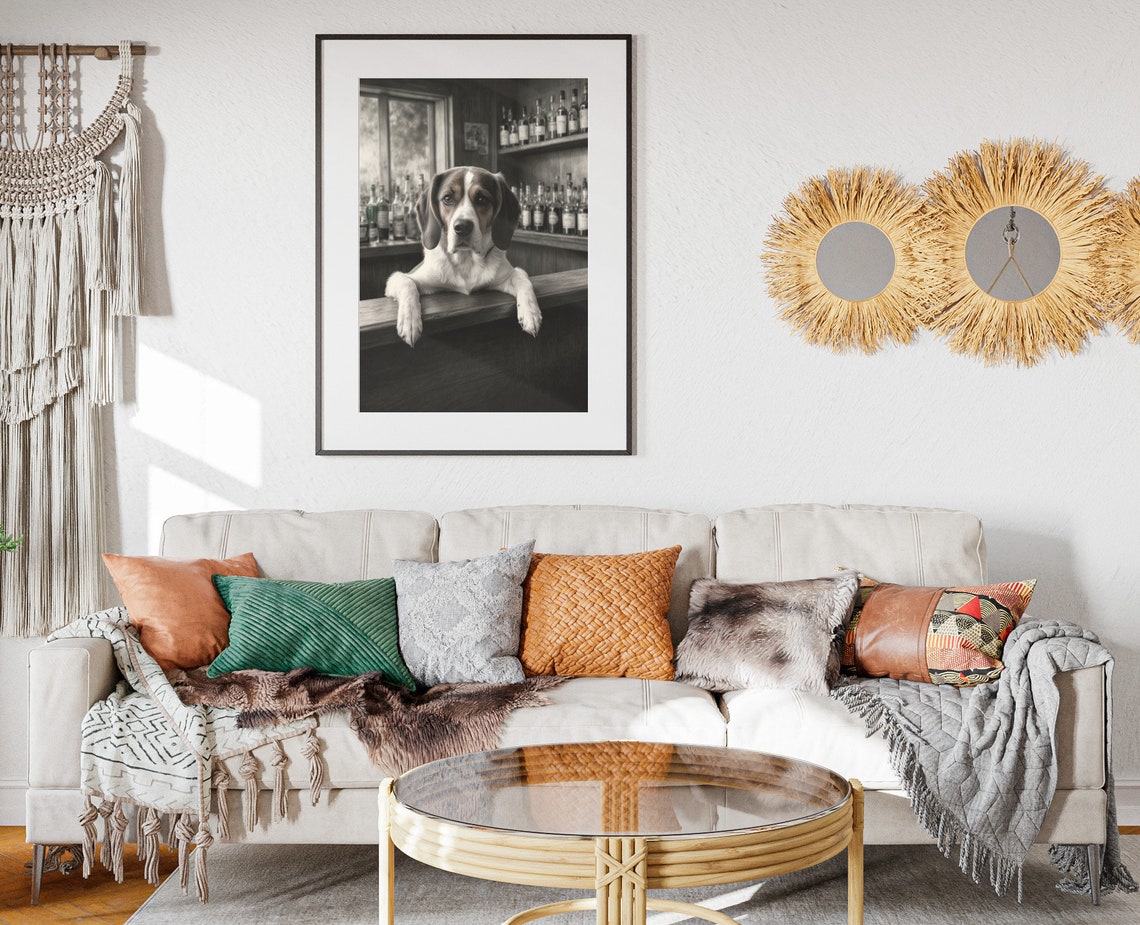 Beagle Leaning Paws Over Bar Counter Bottles Black White Poster - Image 2