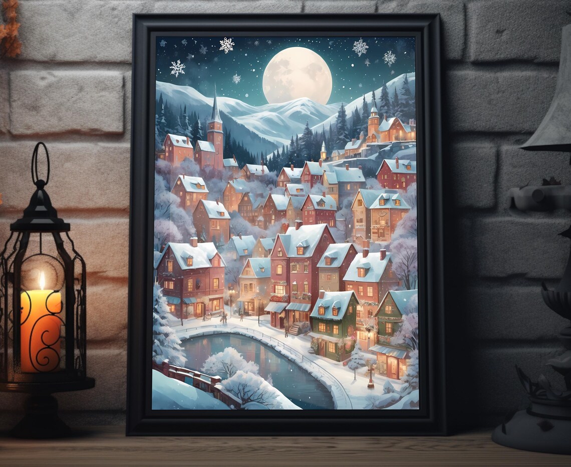 Snowy Christmas Village Scene Art Print Winter Night Painting Artwork Holiday Wall Decor Poster Moonlit Town Christmas Seasonal Poster