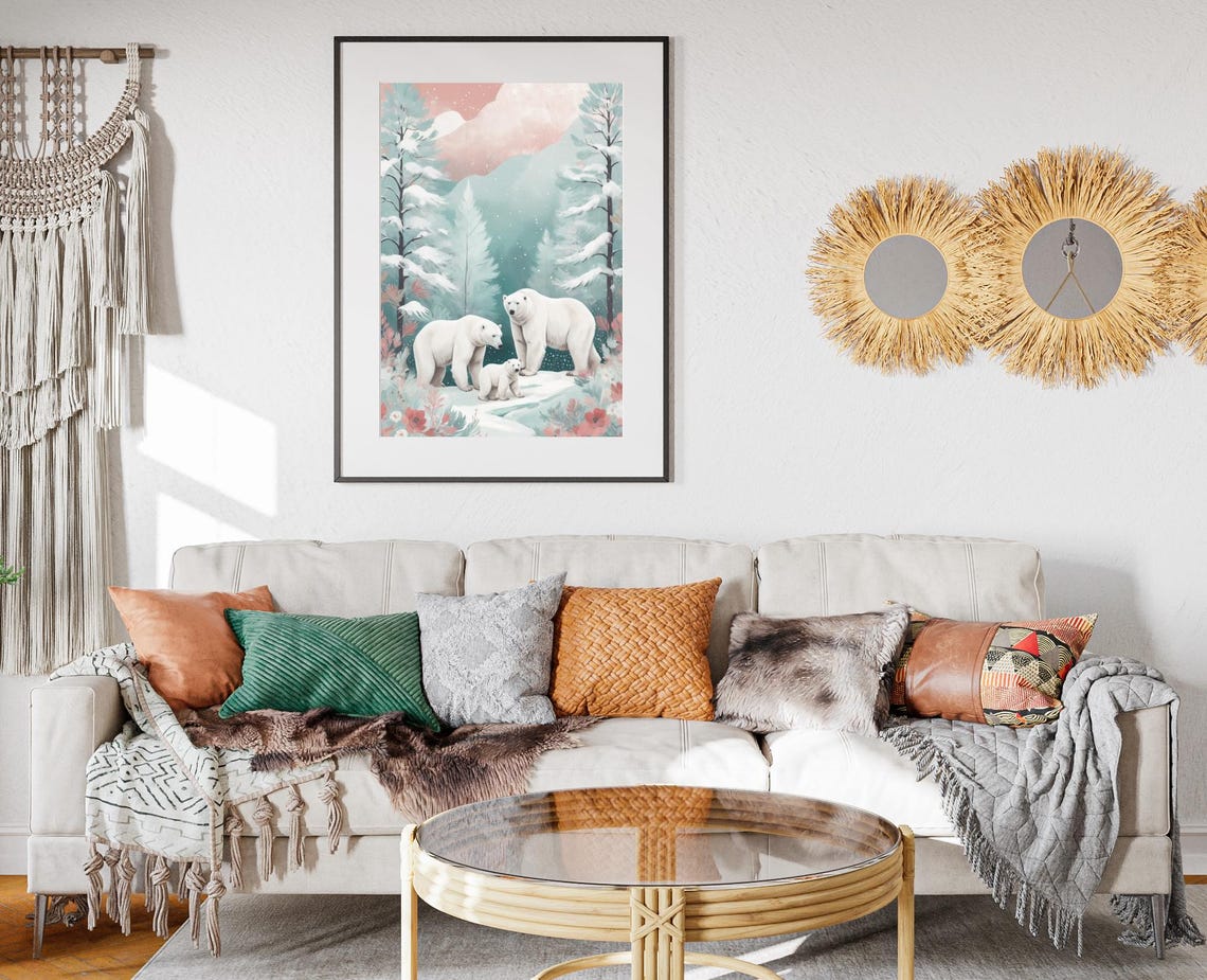 Cute Polar Bear Family In Pastel Snowy Forest Winter Art Poster - Image 2