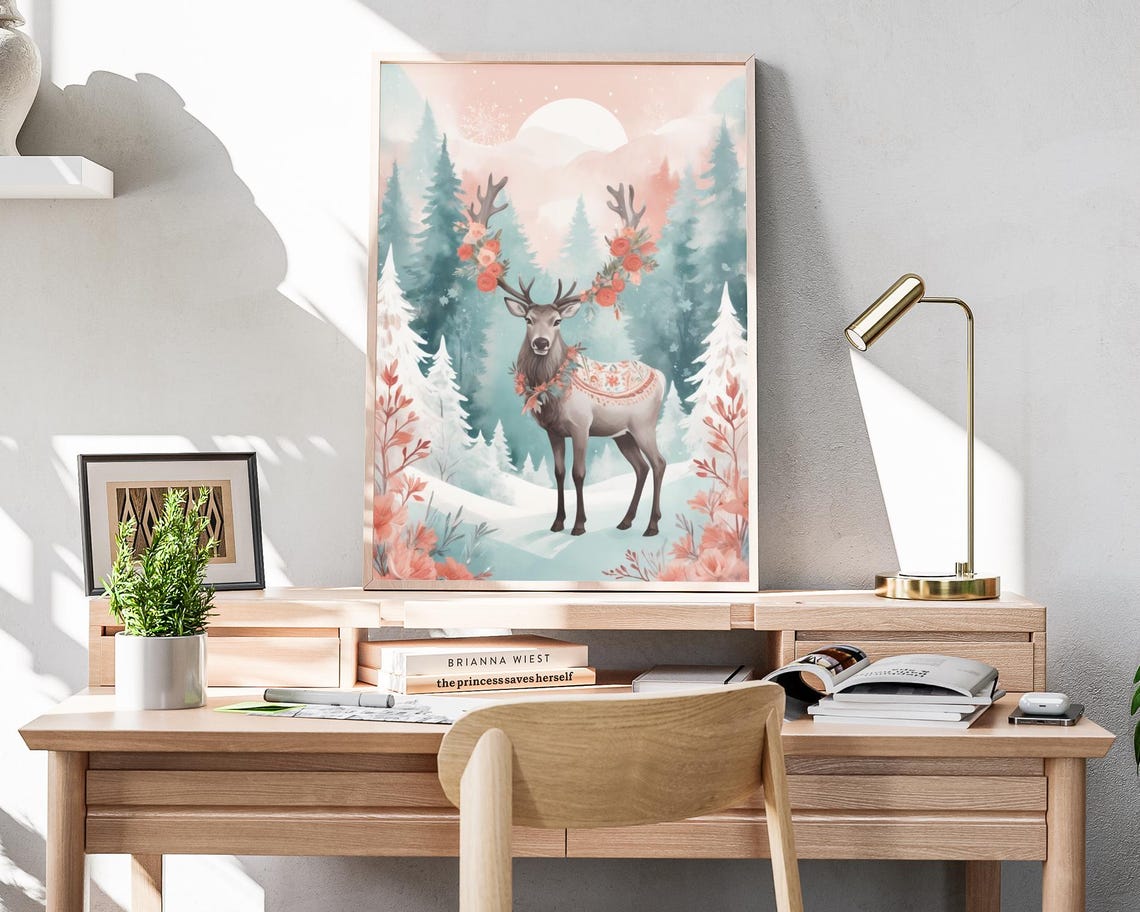 Reindeer Floral Antlers Snowy Pink Forest Winter Holiday Art Poster - Image 4