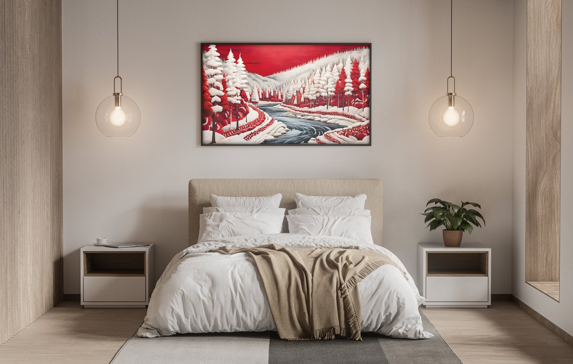 Folk Art Red White Forest River Snowy Sky Winter Landscape Poster - Image 4