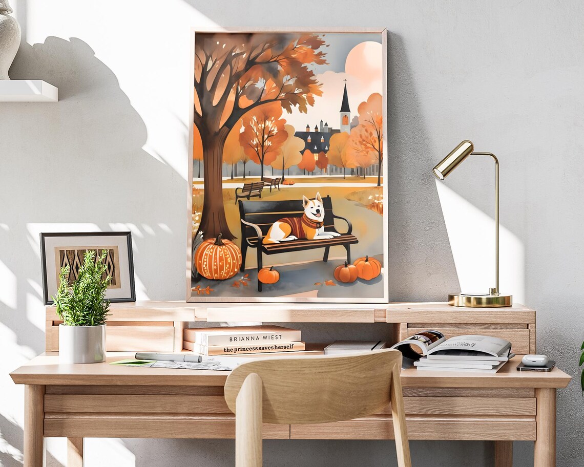 Dog With Scarf Lounging On Park Bench Pumpkins Autumn Village Art Poster - Image 4