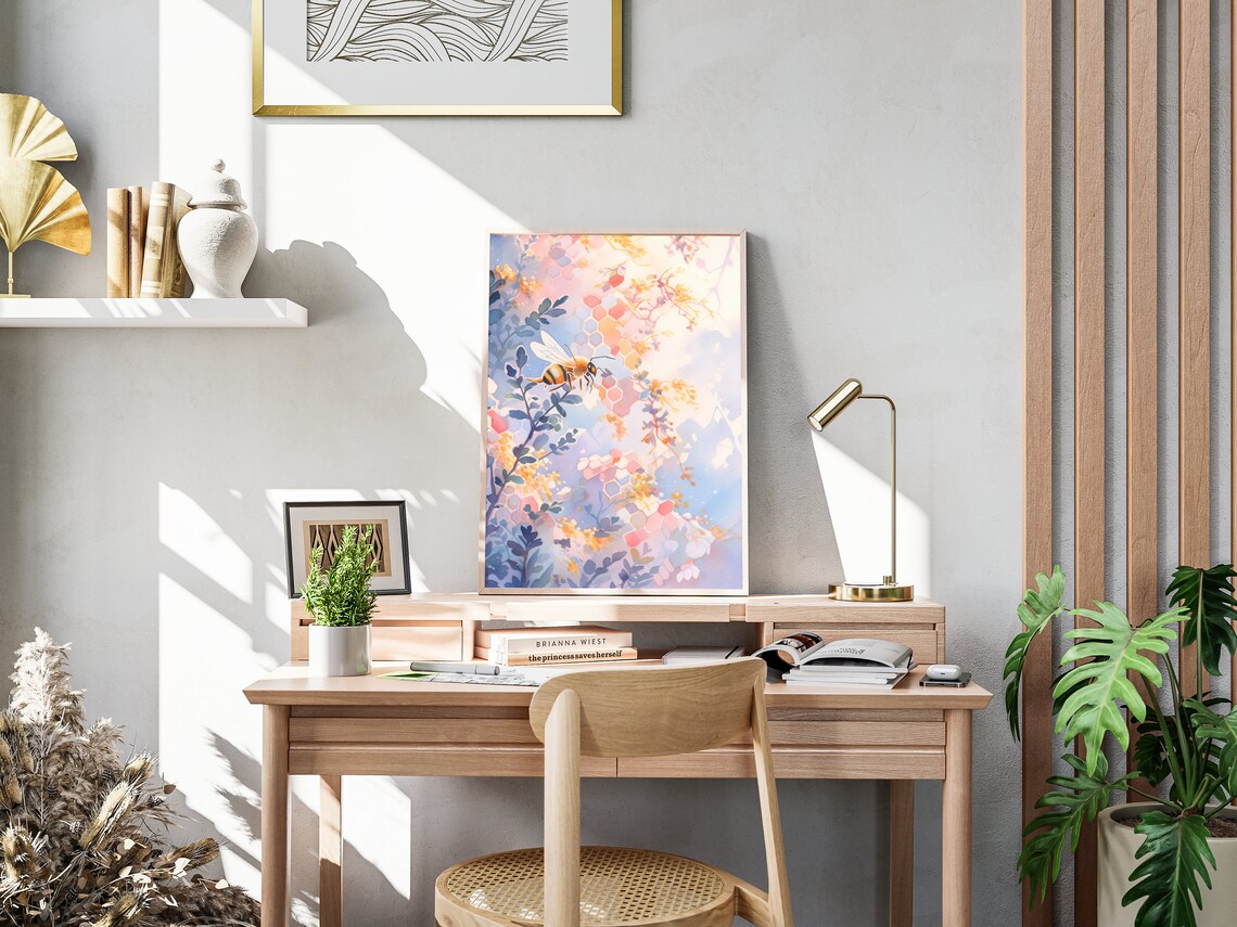 Honeybee Honeycomb Pastel Watercolor Purple Floral Botanical Garden Poster - Image 4