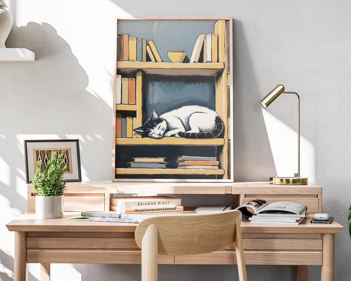 Sleeping Cat Bookshelf Cozy Book Lover Vintage Illustration Poster - Image 4