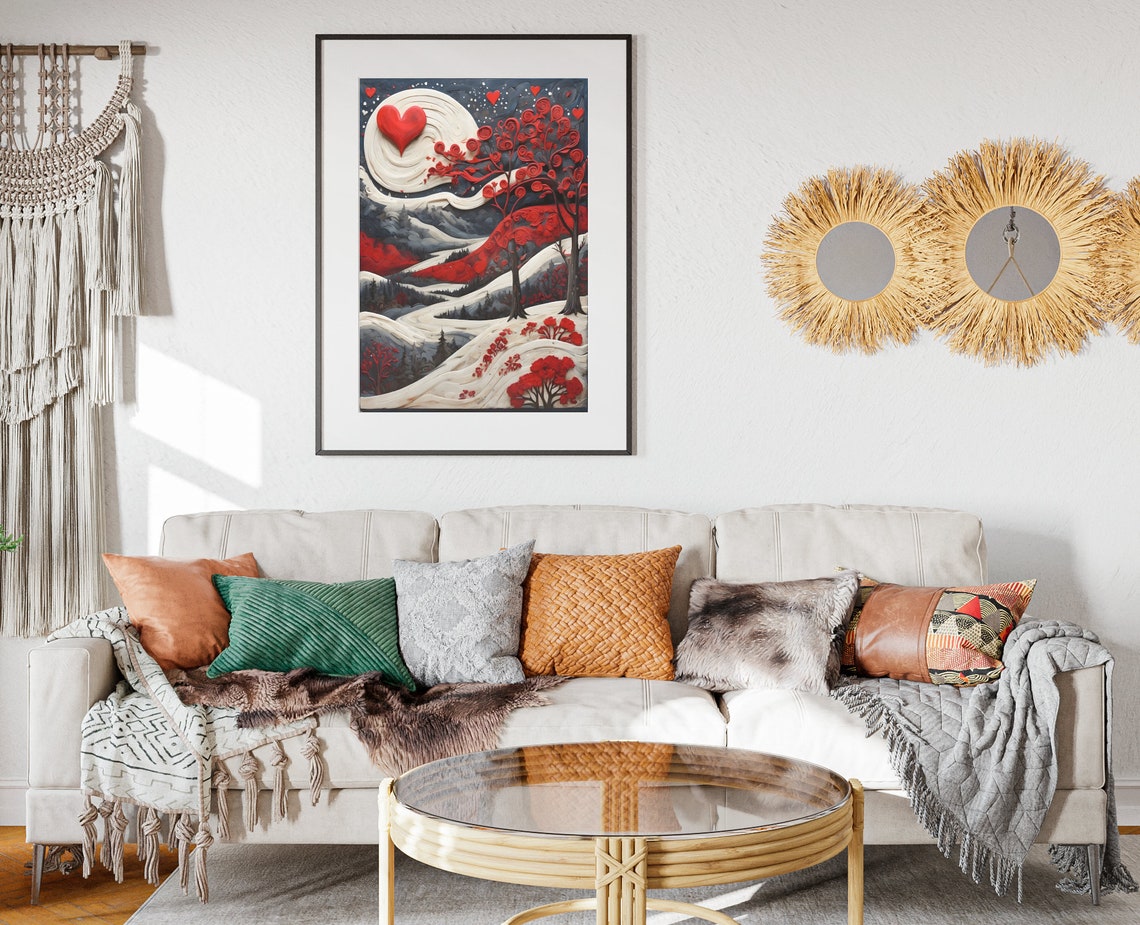 Valentines Snowy Night Heart Moon Red Trees Romantic Folk Art Poster - Image 2