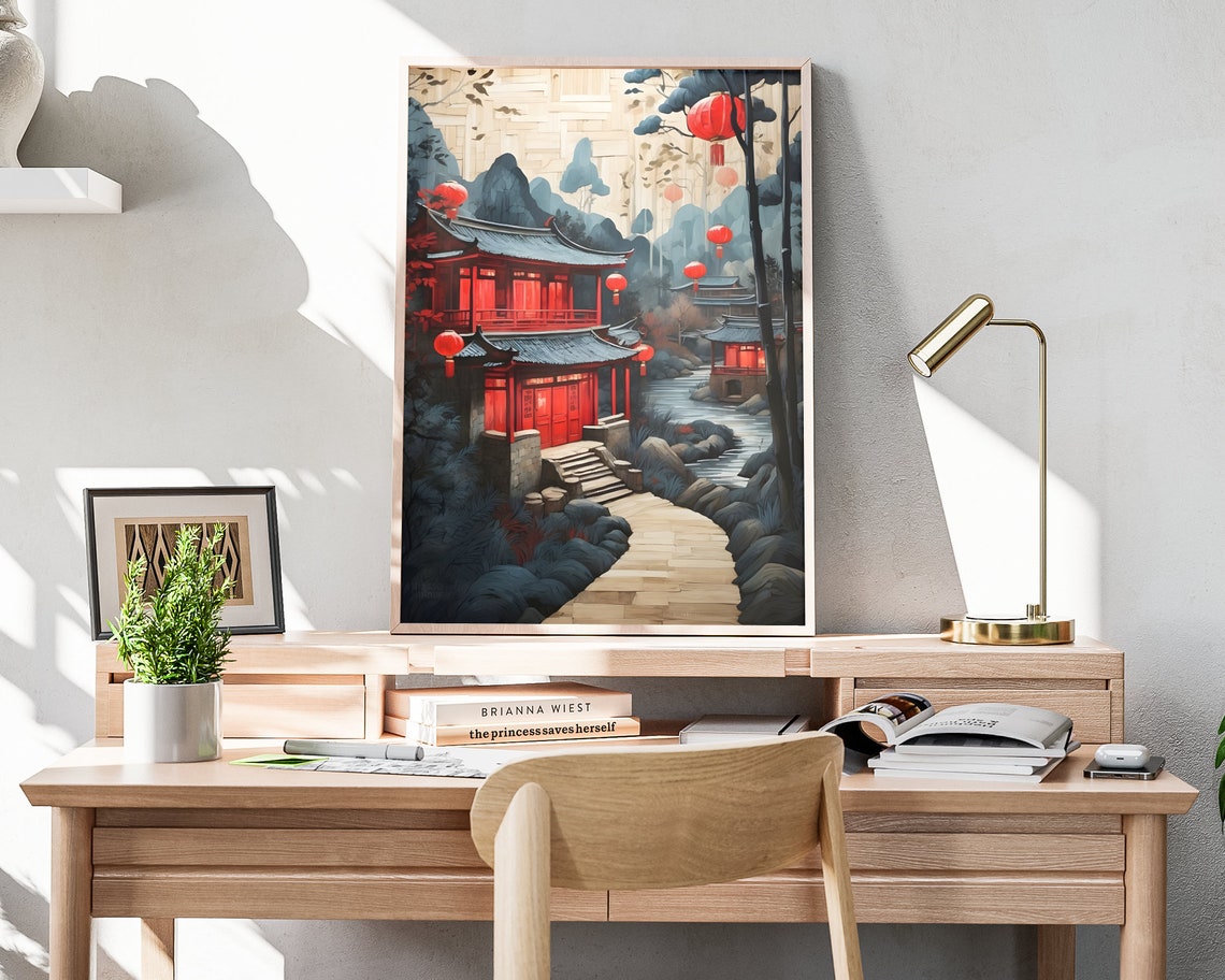 Chinese New Year Red Lantern Pavilion Misty Mountains Lunar Art Poster - Image 4