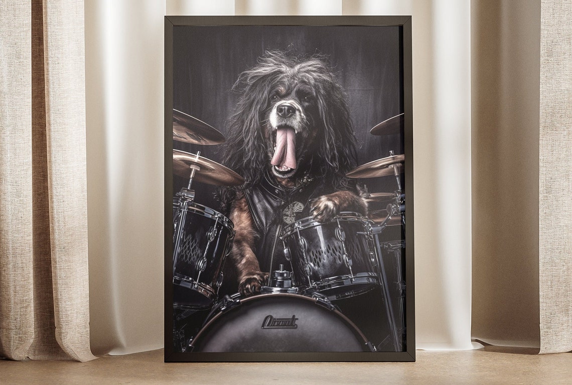 Shaggy Rock Star Drummer Dog Leather Vest Portrait Fun Poster