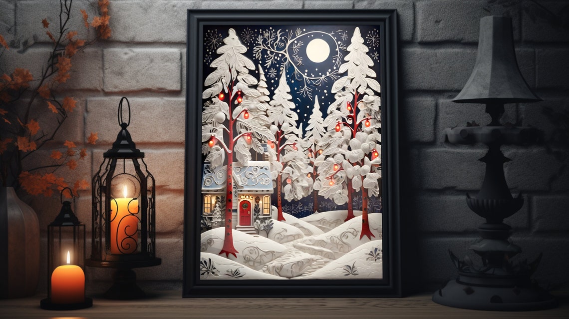Snowy Winter Forest Papercut Red Door House Christmas Art Poster