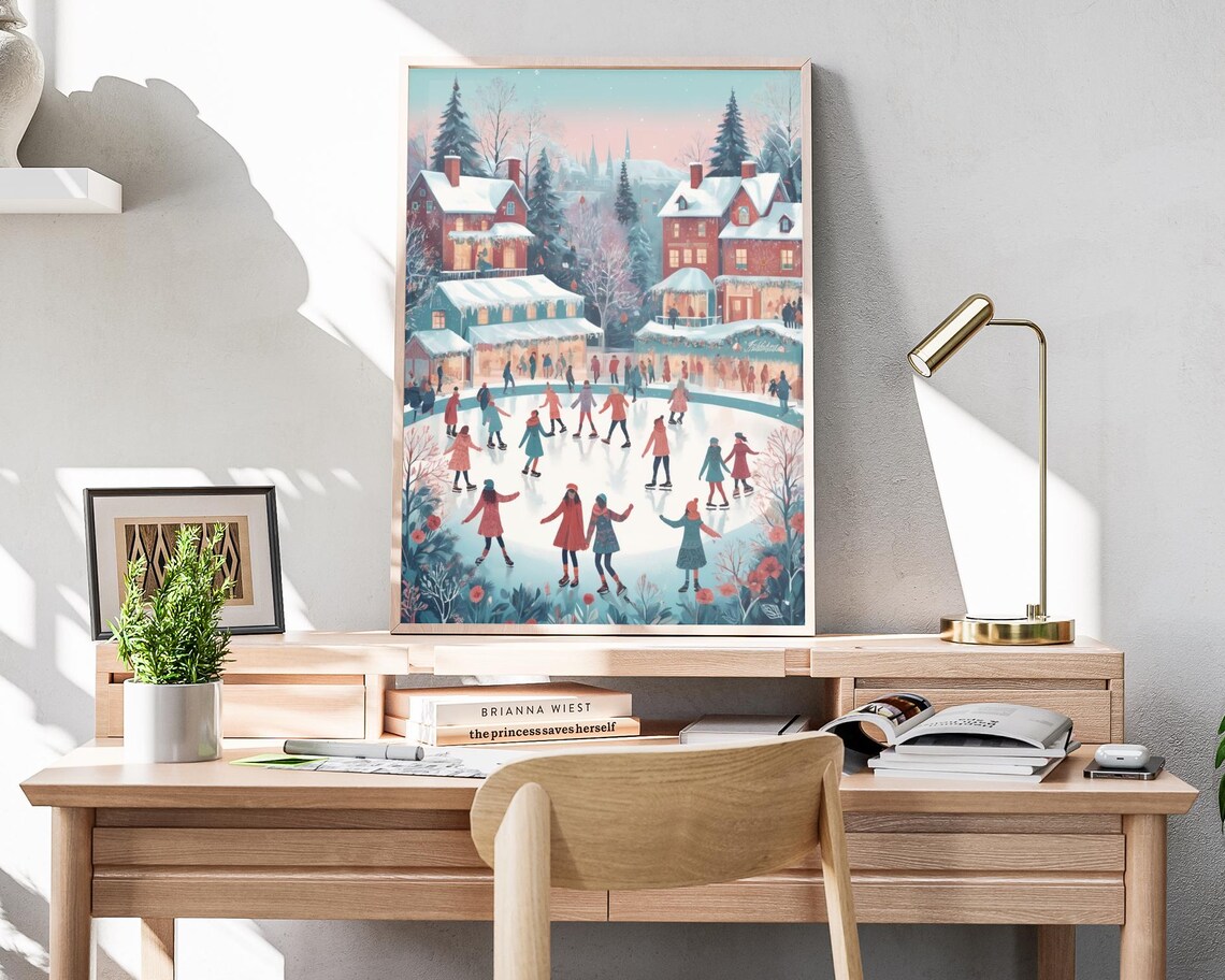 Ice Skating Village Snow Christmas Town Holiday Folk Art Poster - Image 4