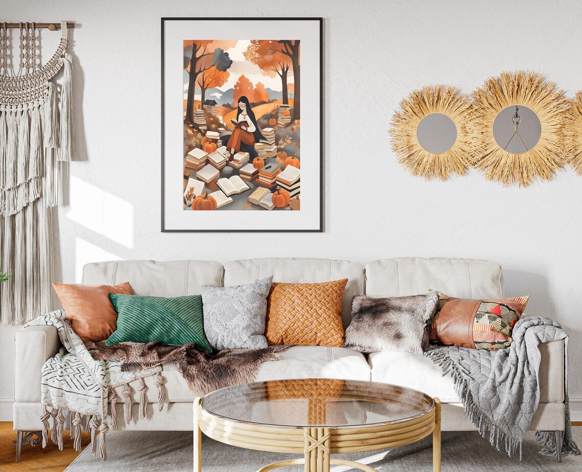 Woman With Glasses Reading Among Pumpkins And Books Autumn Forest Poster - Image 2