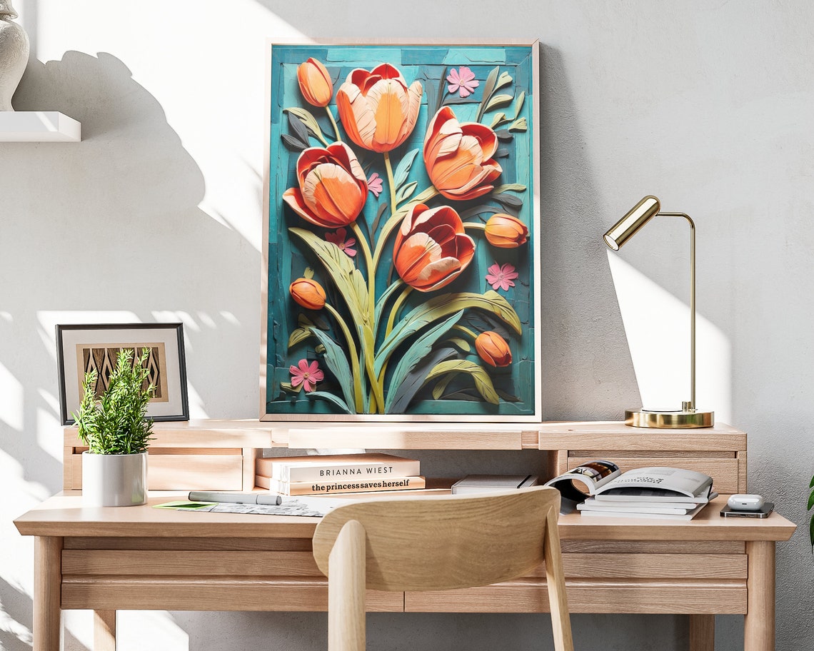 Orange Tulip Sculpted 3D Flowers Teal Spring Botanical Art Poster - Image 4