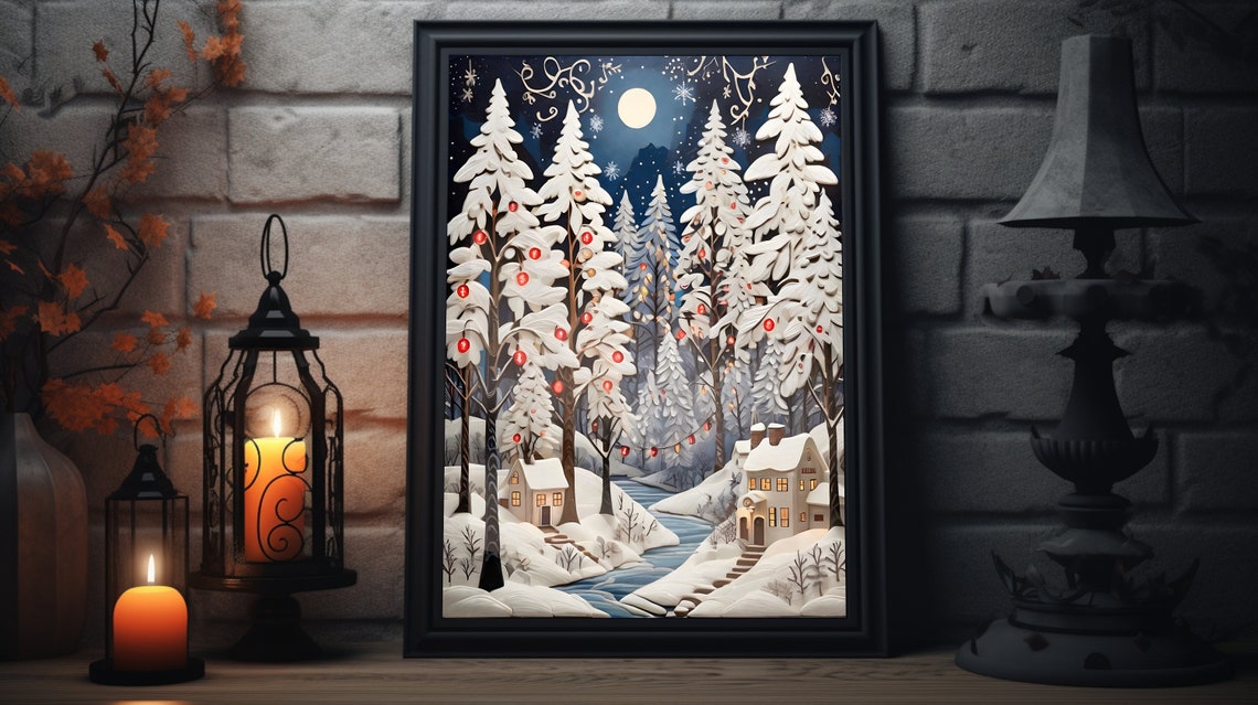 Moonlit Snowy Village Paper Cut Winter Night Scene Art Poster