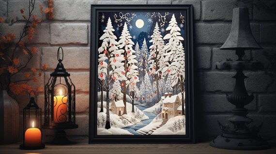 Moonlit Snowy Village Paper Cut Winter Night Scene Art Poster