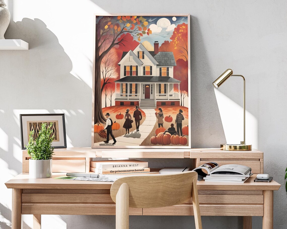 Autumn Farmhouse Sunset White House Pumpkin Path Family Scene Poster - Image 4