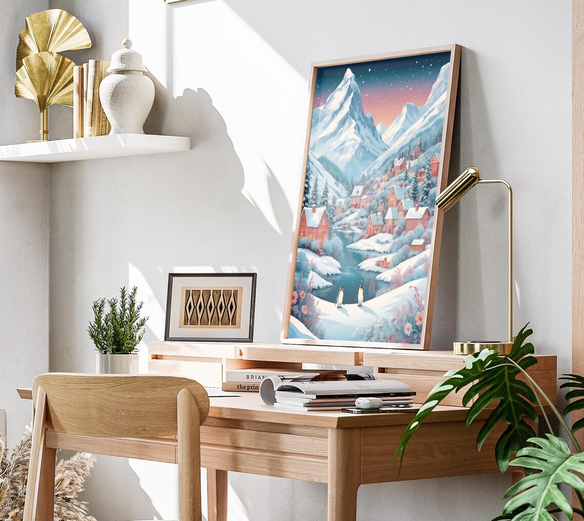 Pastel Winter Village With Penguins Snowy Mountain Art Poster - Image 3