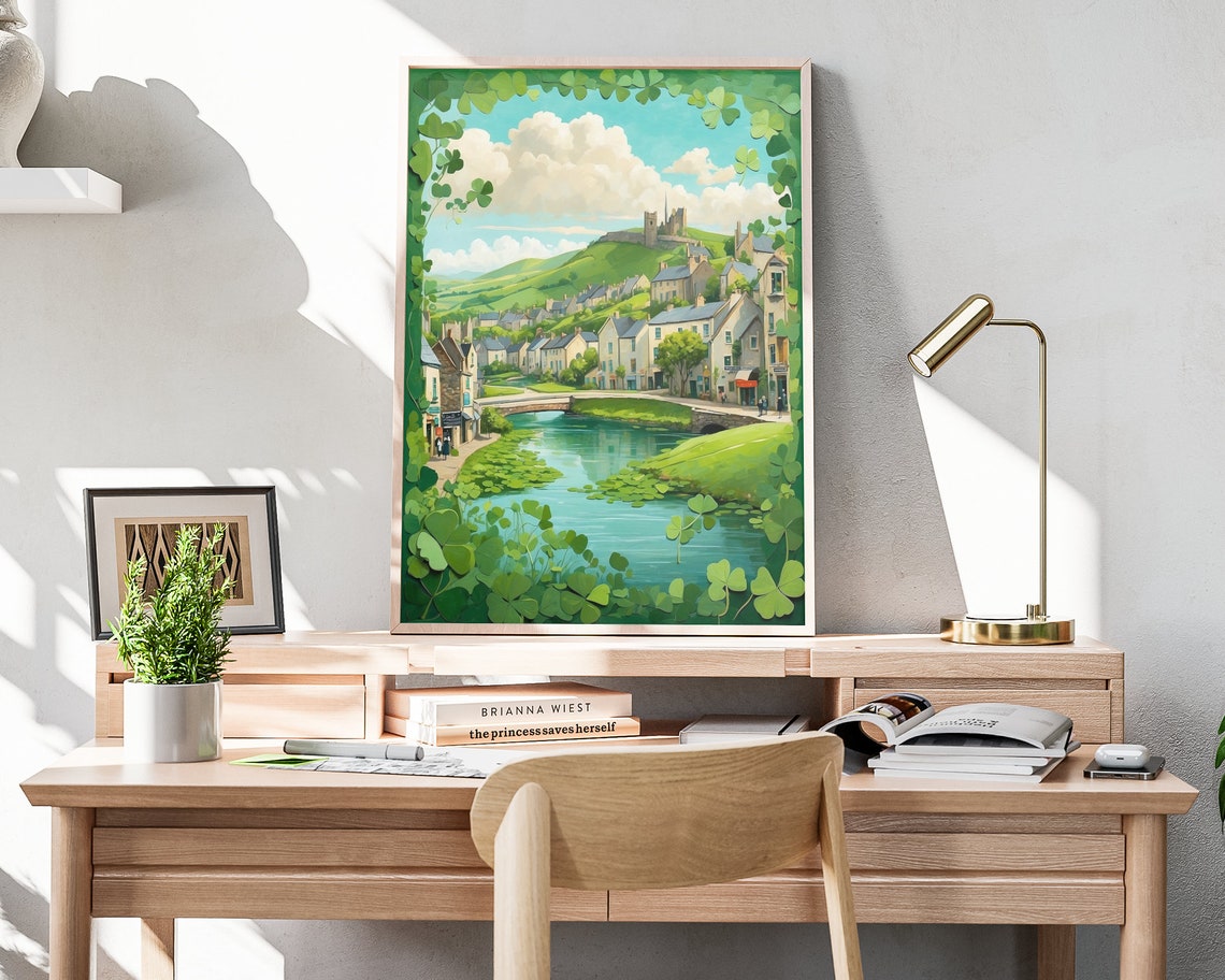 Ireland Castle Town River Bridge Shamrock Border Folk Art View Poster - Image 4