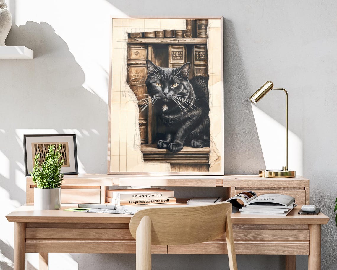 Black Cat Peeking From Vintage Library Nook Sketch Art Poster - Image 4