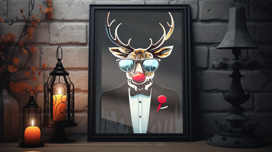 Funny Reindeer in Tuxedo Sunglasses Red Nose Christmas Holiday Poster