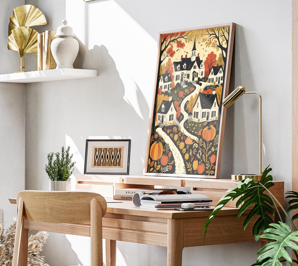 Autumn Town Woodcut Art Print, Fall Pumpkin Scene - Image 3