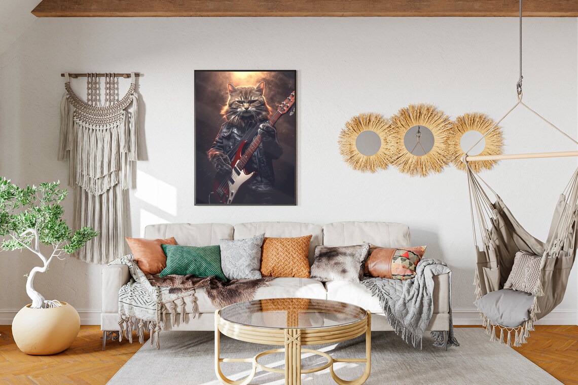 Rock Star Cat Playing Red Electric Guitar Leather Jacket Music Wall Art Poster - Image 2
