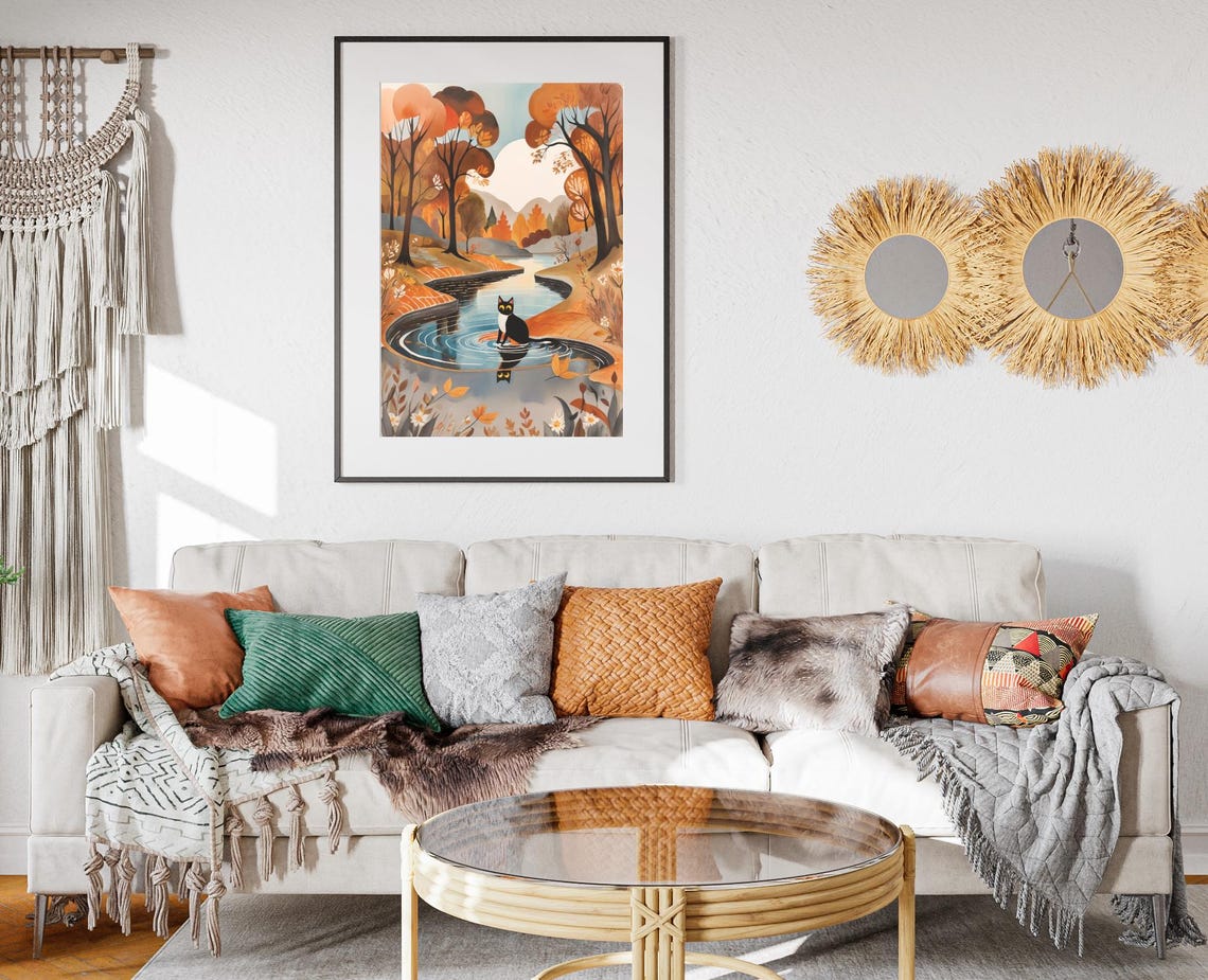 Black White Cat Pond Reflection Autumn Woods Folk Art Poster - Image 2